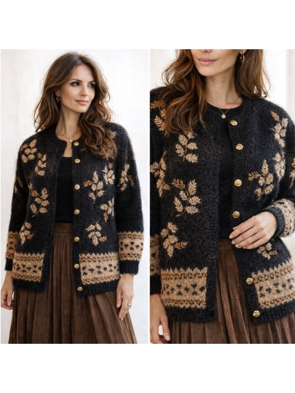 Susan Bristol Vintage Mohair Wool Cardigan Embroidered Black Gold Medium